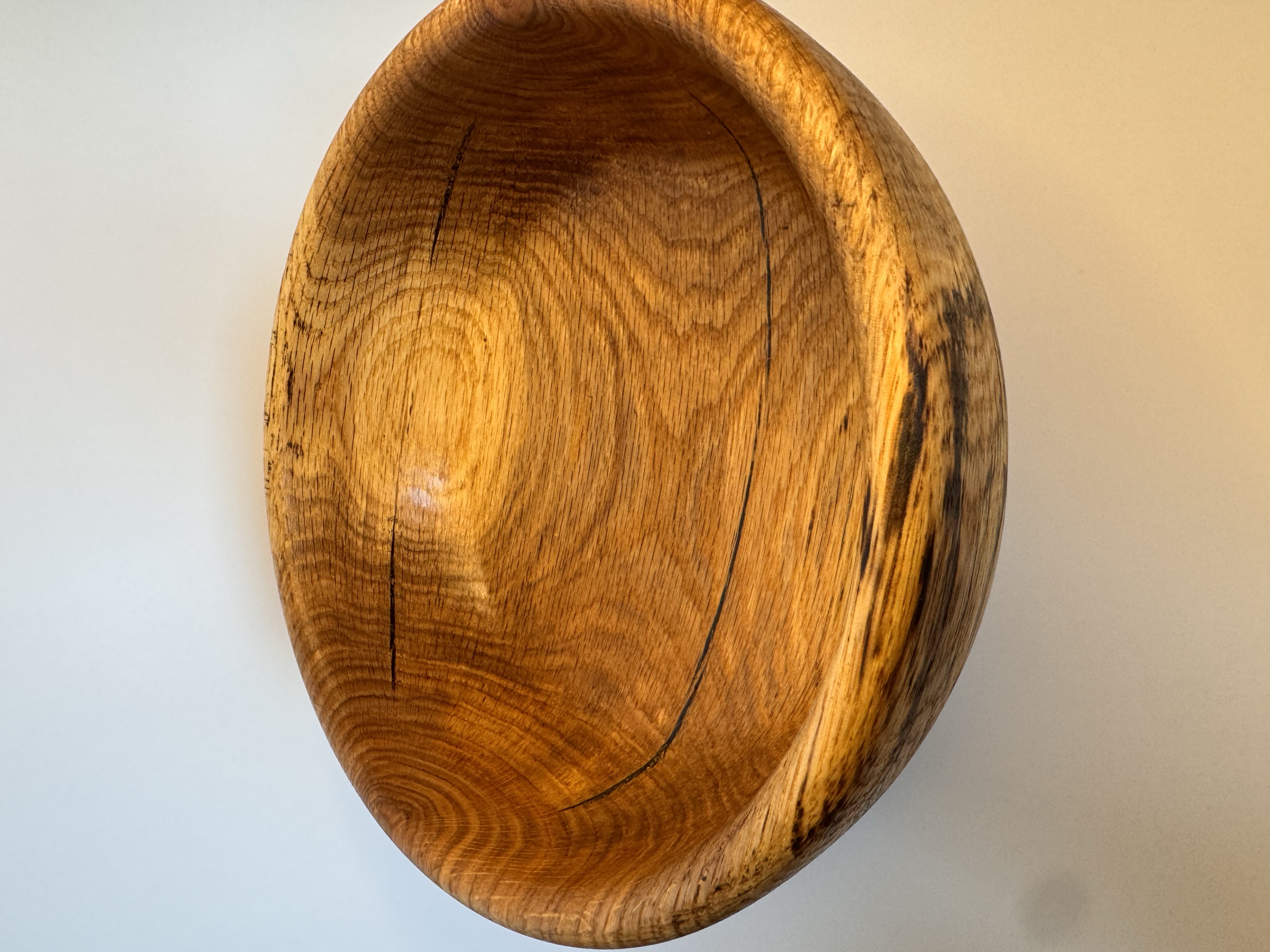 Interior view of spalted oak bowl showing oak grain and natural markings